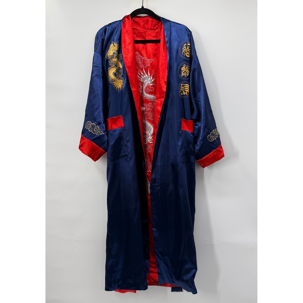 Women One Size Kimono Robe Blue Red Reversible Embroidered Dragon